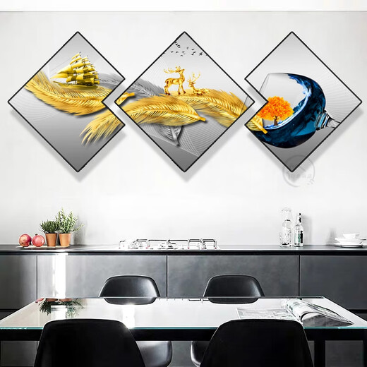 Aohan Modern Restaurant Decoration Painting Creative Wine Glass Multi-sided Rhombus Painting Hall Dining Table Background Wall Hanging Painting Dining Room Wall Mural JD15839 40*40/40*40/40*40 Textured Oil Canvas Aluminum Alloy Black Frame