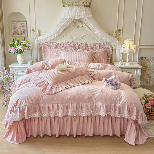 Yalu Korean lace baby velvet bed skirt four-piece set winter double-sided milk velvet warm bed sheet quilt cover three-piece set Chanel Garden-Pink Jade bed cover 1.5m four-piece set
