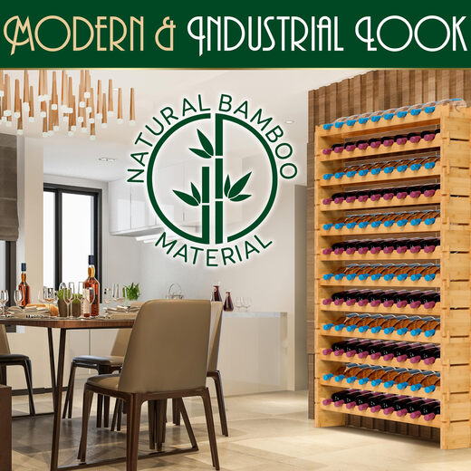 NutriChef bamboo stackable wine rack, 12 layers, 108 bottles, tool-free assembly, modular storage, kitchen and wine cellar storage, 85cm high