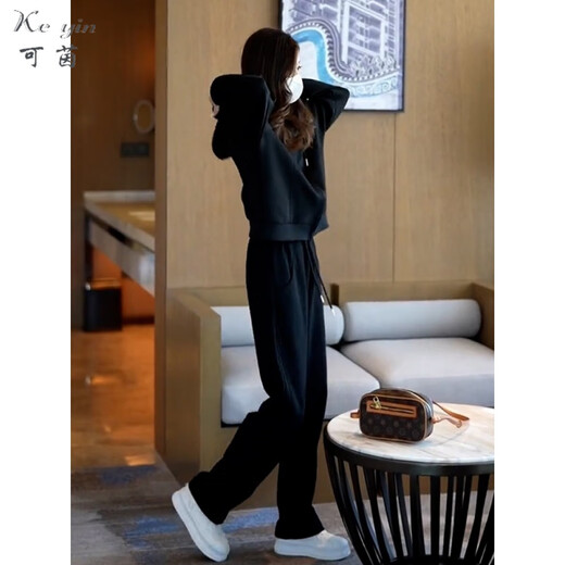 可茵（Keyin）卫衣女2025年春季新款女装宽松休闲运动服连帽卫衣两件套套装女潮 9708黑色（拉链） XL