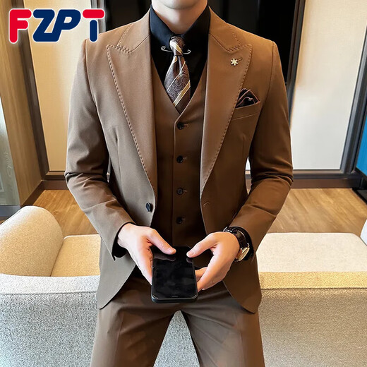 FZPT light luxury trendy brand suit men's 2025 autumn and winter new business casual fashion slim single-breasted dress suit caramel color suit + trousers XL recommended 125-138 Jin Jin equals 0.5 kg