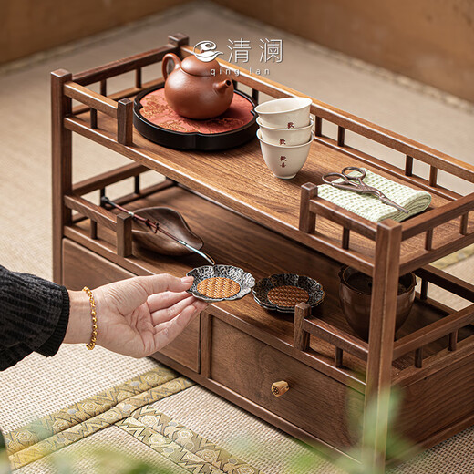 QINGLAN North American walnut tea set tea cup storage rack tea rack storage rack new Chinese style solid wood ornaments display cabinet Lanting storage rack_Walnut