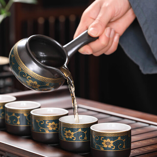 Craftsman's Lazy Tea Set Household Stone Mill Semi-automatic Tea Making Artifact Office Ceramic Anti-scalding Kung Fu Tea Set Complete Set Fragrant Automatic Tea Set + Black Square Tea Tray 10 Pieces