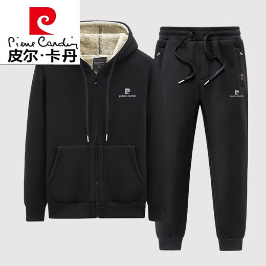 Pierre cardin winter lamb velvet sweatshirt set men's plus velvet thickened warm autumn and winter men's casual sports set knitted black lamb velvet (819+967 straight set) 2XL (130-145Jin [Jin equals 0.5 kg])