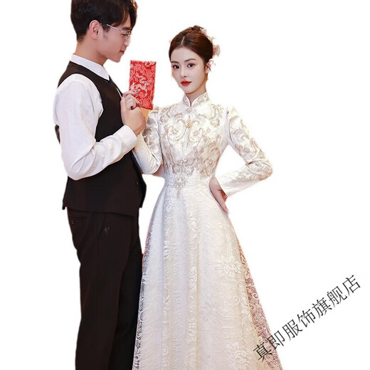 Zhenjie New Chinese Engagement Dress Lace Improved Cheongsam Long Sleeve Toast Wear Bridal Registration Certificate Dress Spring Champagne M