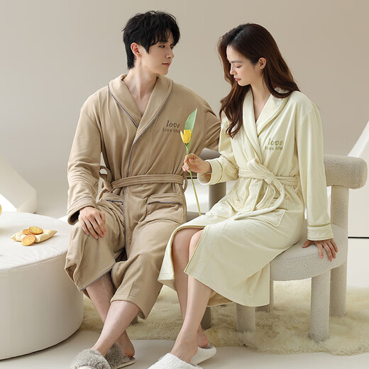 Langsha Couple de nuit pour femmes dans l'île d'hiver Velvet Plus Velvet Pyjamas chaude pour hommes Casual Bathrobe Robe Morning Robe Vêtements d'automne et hiver 15565 Champagne + 24565 Beige Women's L [160-170cm / 105-120jin [Jin est égal à 0,5 kg]]]
