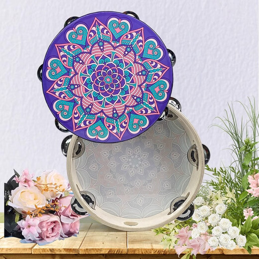 网童奇贝铃鼓舞蹈道具新疆维族手鼓专业打击乐器考级幼儿园儿童敦煌手拍鼓 【黑底紫荆花】7英寸直径17.5cm