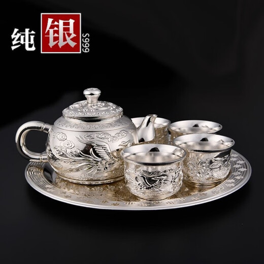 New Pfaff 999 sterling silver tea set 1 pot 1 tray 4 cups Chinese style high-end cooked silver household master cup fair cup Pfaff eight-piece set (1 pot 1 plate 6 cups) great value for money Grab the last 30 pieces at 10% off today