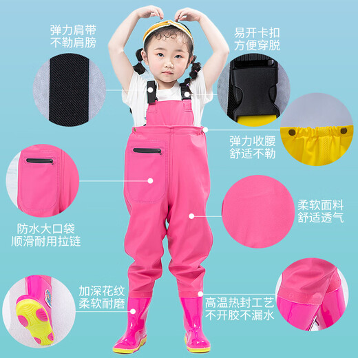 Children's water play one-piece waders kindergarten waterproof children's beach rain boots men and women fishing rain pants beach children's pink overalls (with pockets) size 21/27 (shoe inner length 14.5cm)