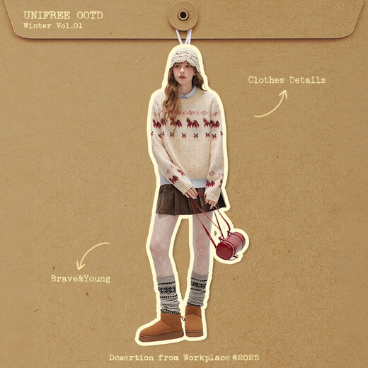 UNIFREE Fair Isle crew neck sweater classic retro jacquard loose lazy style soft waxy knitted top beige S