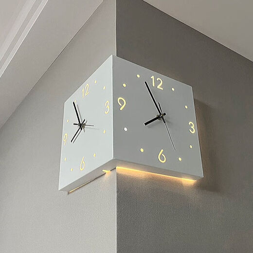 Xinkuashi 2025 new double-sided corner clock clock wall clock fashion internet celebrity creative simple wall traceless nail living room wall clock Arctic white plus induction lamp (battery version) 26cm