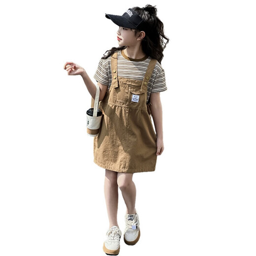 G.DUCKKIDS童装女童套装夏季新款纯棉短袖背带裤童装中大童儿童衣服休闲夏装 紫色 130 【建议6-7岁】