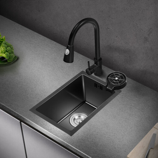 PULT Black Nano Kitchen Balcony Bar Handmade Small Sink Single Tank 304 Stainless Steel Washing Basin Mini Washing Pot With 6193 Round Faucet Full Set 450x400mm