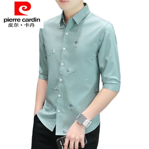 皮尔卡丹（pierre cardin）国际品牌短袖衬衫男夏季薄款印花休闲冰丝七.分袖韩版修身衬衣 白色 XL
