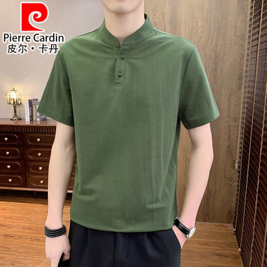 皮尔卡丹（pierre cardin）棉麻短袖t恤男夏季立领新中式polo汗衫潮牌男款中国风亚麻半袖 绿色 4XL