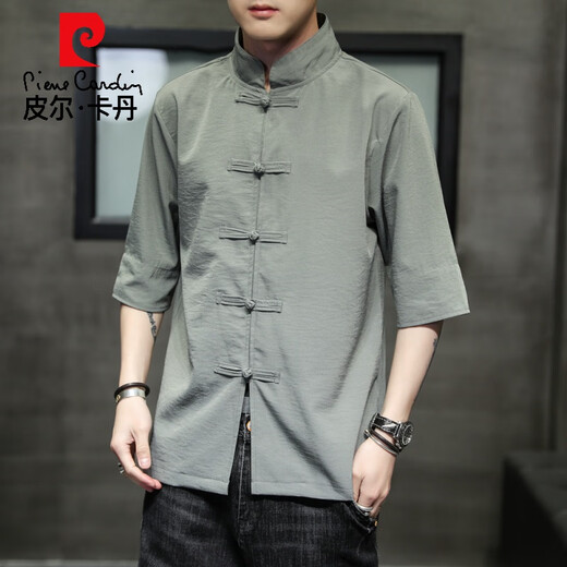 
Pier Cardin summer clothing Chinese style button short-sleeved shirt men's Chinese style retro middle sleeve Tang suit Hanfu ice silk 5-point sleeve Zhongshan suit 8001 style white M 170