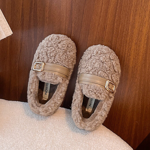 Children's furry shoes, girls' winter outerwear, Korean version, new velvet warm little girl's soft-soled baby cotton shoes, khaki color, size 28, inner length 16.7cm
