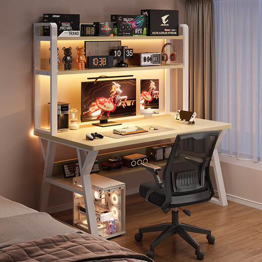 BENMUZIZAI desk bookshelf integrated e-sports table home bedroom desktop computer table middle school student rental house study table 120x60cm double layer brushed black oak + black shelf 1x1x1cm