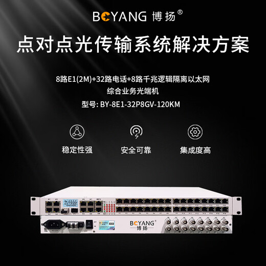 博扬 综合多业务电话光端机 8E1+32路电话+8路千兆隔离网 单纤120KM SFP(LC) 1对价 BY-8E1-32P8GV-120KM