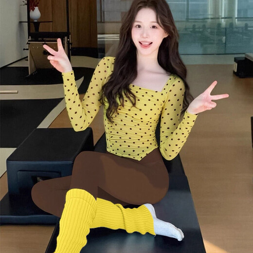 Shuangxiu Beautiful Yoga Wear for Women 2025 New Dopamine Long Sleeve Suit Polka Dot Autumn and Winter Pilates Fitness Suit with Chest Pad Yellow Brown Polka Dot Top S 85-100
