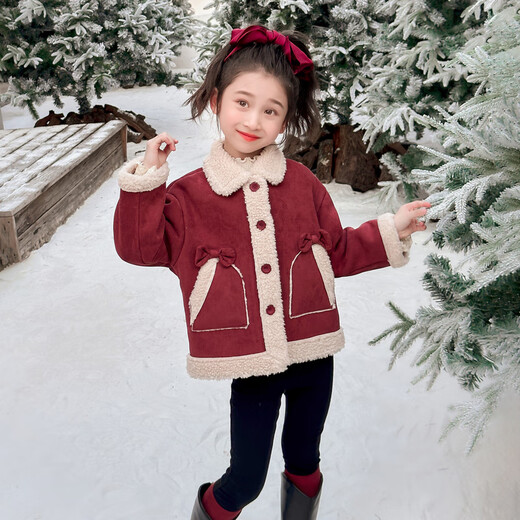 Qiyuxin children's clothing girls velvet jacket winter children's cotton coat 2025 new girl baby warm quilted jacket coat velvet red coat 140 (suitable for height 130-140cm)