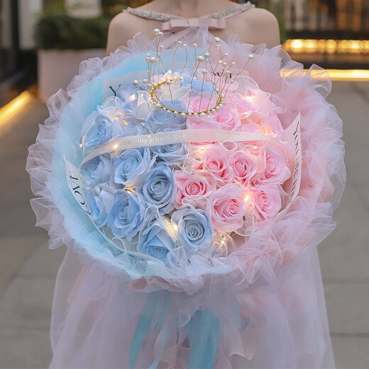 Huawang Flower Express Blumengeschenk gebrochenes Eisblau Rose Bekenntnis zum Liebesgeburtstagsgeschenk meiner Freundin am Tag [rosa blaue Liebe] 16 Broken Ice Blue + 17 Pink Rose Dy690