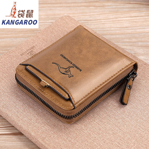 袋鼠（KANGAROO）2024新款男士防盗刷钱包短款拉链多功能驾驶证卡包男式钱夹 棕色