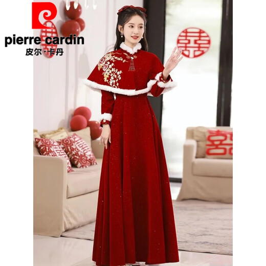 Pierre Cardin official toast dress bride 2026 new red wedding long-sleeved shawl velvet dress skirt for women spring, autumn and winter with shawl F30 S