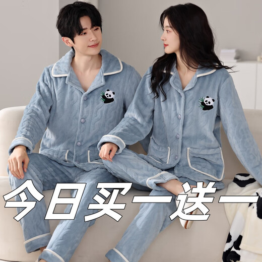 Modal new couple pajamas coral velvet autumn and winter thickened warm flannel men's and women's home clothes can be worn outside the suit S cut cardigan women's off-white/men's blue gray XL women's XL+men's XL