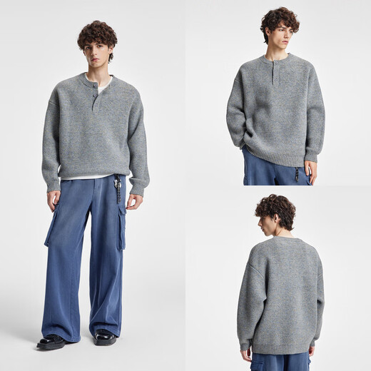 BODYDREAM BM Henry Collar Sweater Men's Seahorse Hair Lazy Pullover Casual Loose Retro Knitted Top Fashion Gray S 120Jin Jin is equal to within 0.5 kg