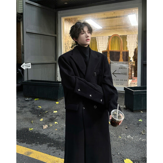 NEW OR MODE British style long lapel woolen coat men's autumn and winter new style versatile rivets high-end loose trendy brand coat black L