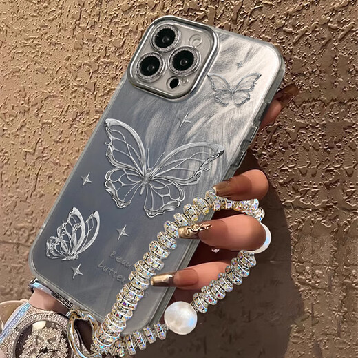 江铭适用苹果16Pro手机壳iPhone16Pro保护套带手链镜头全包防摔网红高级男女款羽纱镭射蝴蝶自带镜头膜