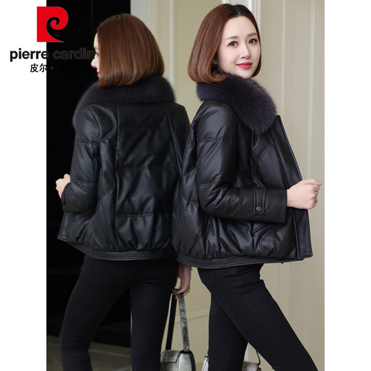 Pierre Cardin Leather Jacket Women 2025 New Winter Haining Leather Down Jacket Small Sheepskin Large Fur Collar Fur Short Black XL 115-125Jin Jin is equal to 0.5 kg