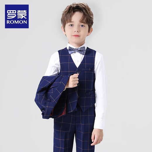 Luo Meng children's suit vest suit boy host dress British style flower girl piano performance suit navy blue 130