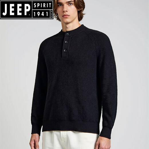 JEEP SPIRIT Old Money Style Henley Collar Sweater 25 Autumn and Winter Men's Lazy Loose Long Sleeve Textured Button Stand Collar Sweater Black S