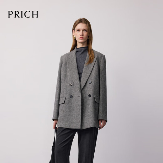 PRICH 100% sheep wool fashionable double-breasted plaid suit 2025 winter new mid-length coat new year 19 black L 170