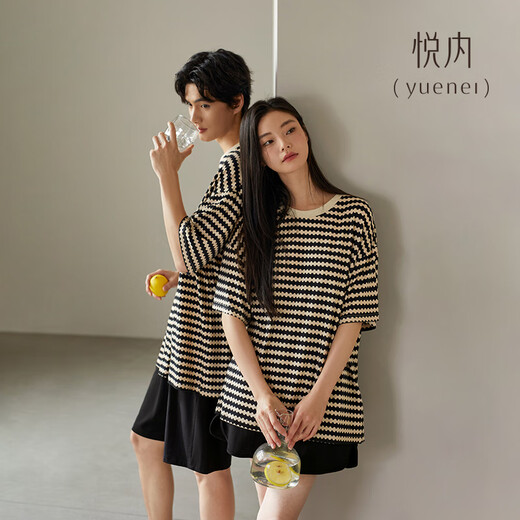 Yuenei Couple Pajamas Women's Summer Short-Sleeved Shorts Pure Cotton Home Clothes Casual Fashion Striped Men's Summer Thin Suit 33001 Wave Pattern Men's 2XL (Male 160-180 Jin Jin equals 0.5 kg / Female 140-160 Jin Jin equals 0.5 kg)