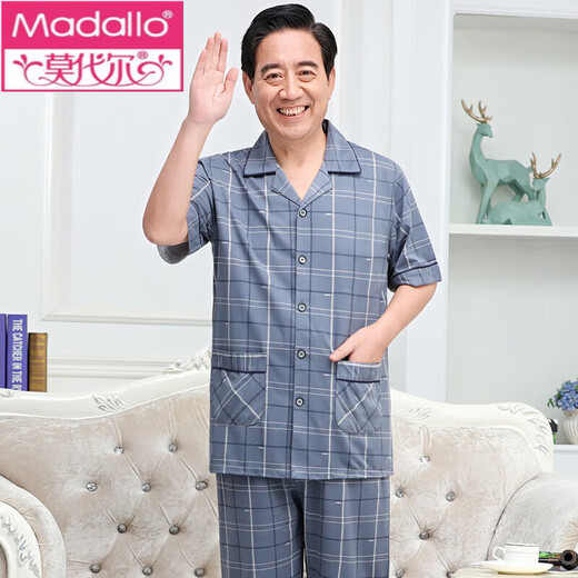 Modal pajamas for men, middle-aged and elderly summer short-sleeved cardigan cotton set large size middle-aged daddy summer thin style 3879 gray L [recommended 100-129 Jin [Jin equals 0.5 kg]]