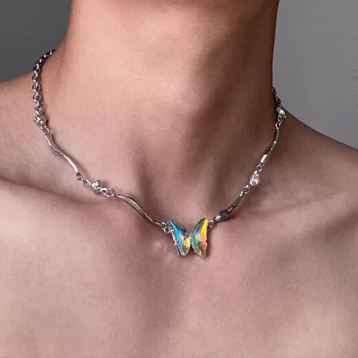 Cai Leia Gradient Butterfly Splicing Necklace Men's Trendy Niche y2k Hot Girl Clavicle Chain Men's and Women's Necklace Fashion Necklace Butterfly Splicing Necklace About 50cm