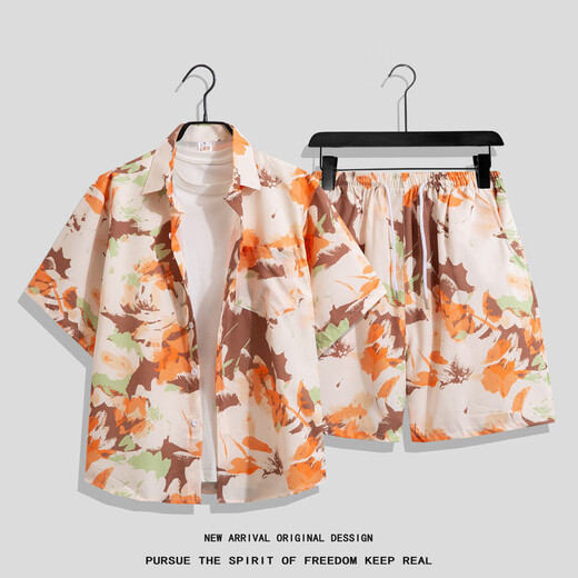 MOLOON swimsuit men's beach flower shirt suit loose large size Hawaii seaside vacation casual couple shirt suit 3682 suit XL (recommended weight 125-145Jin Jin equals 0.5 kg)