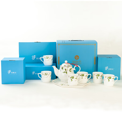 Jin Lan Jade Tangshan Bone China Water Set Home Simple Living Room Teapot Set Tea Set Flower Tea Cup Chinese Ceramic Water Set Champs-Elysées - Tray + Magnolia Pot + 6 Water Cups with Handles