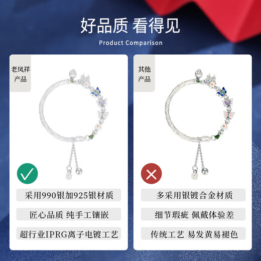 老凤祥蝴蝶足银手镯女纯银镯子繁花半镯手链情人节生日礼物送女朋友闺蜜 【今/次日达】繁花蝶舞半镯