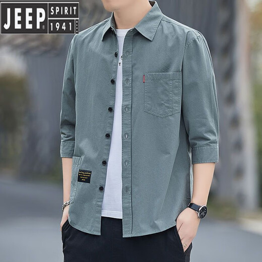 JEEP SPIRIT high-end pure cotton free ironing summer shirt men's loose version of 7-quarter sleeve shirt workwear mid-sleeved jacket casual and versatile high-quality pure cotton material 7-quarter sleeve 5008 (light blue) 2XL 155Jin[Jin equals 0.5 kg]-175Jin[Jin equals 0.5 kg]