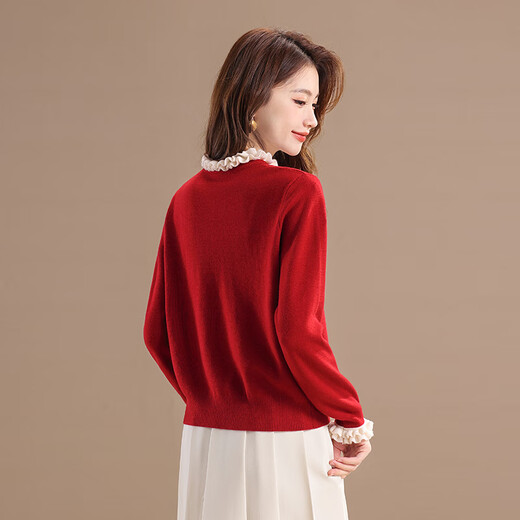Qianbainian retro fungus-edged wool knitted cardigan for women in autumn and winter new sweet age-reducing sweater base coat red XXL