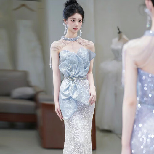 Mermaid evening dress for women 2025 new style high-end atmosphere niche French annual meeting host evening dress gray blue M 85Jin Jin is equal to 0.5kg -90Jin Jin is equal to 0.5kg. Card code to shoot large
