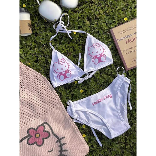 Couir noir en cuir noir HELLOKITTY HALTER LABLE de cou poitrine poitrine bikini fille chaude de maillot de bain Sous-vêtements Sous-vêtements 834 ensemble en deux pièces, une taille unique