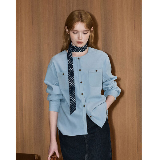 KUHNMARVIN Quiet Luxury Style Round Neck Long Sleeve Shirt Women's 2025 Winter New Elegant Temperament Commuting Casual Jacket K20655 Blue S