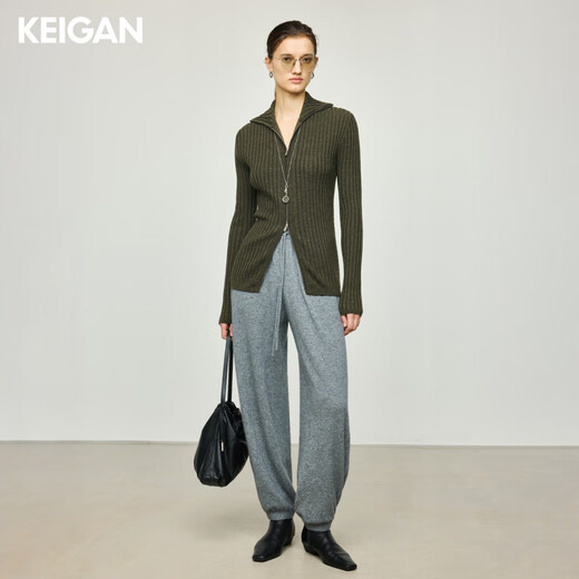 KEIGAN studio/black label imported & German BIELLA washable wool layered double zipper bottoming cardigan seaweed green S 34 (delivery within 25 days of booking)