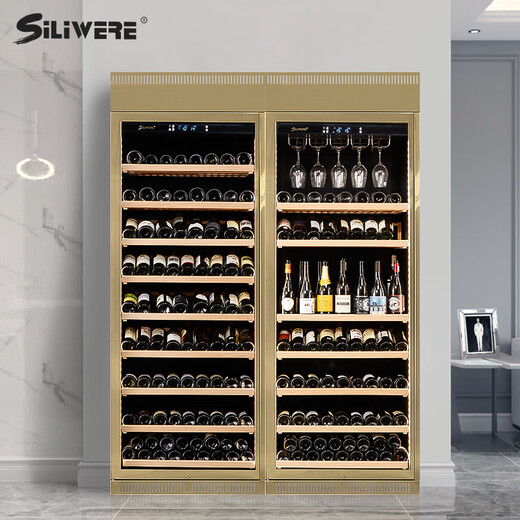 SILIWERE red wine cabinet, constant temperature wine cabinet, home red wine cabinet, living room wine cabinet, custom red wine cabinet, width 800 depth 450 height 2200 champagne gold 2 units 500L exclusive version