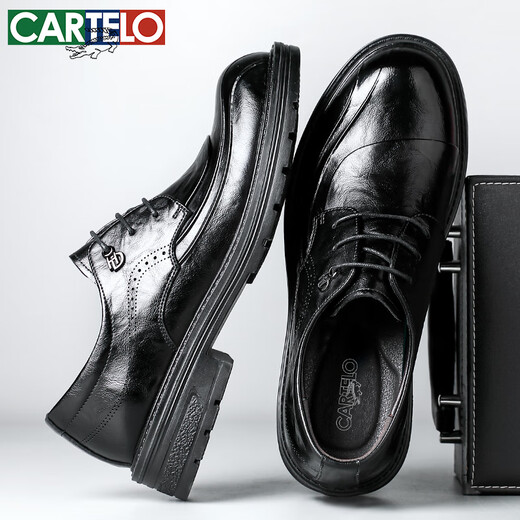 卡帝乐鳄鱼（CARTELO）英伦男士皮鞋厚底增高商务休闲鞋圆头软牛皮鞋男9923黑色增高39